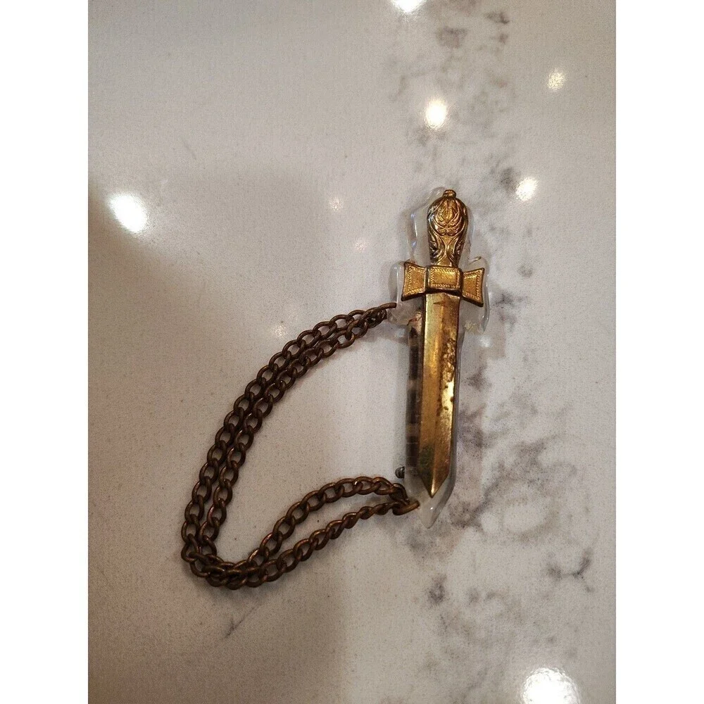 Vintage Intricate Bakelite Gold toned  Sword Pin Brooch with Dangle link chain